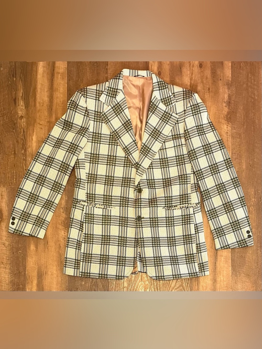 John Blair Mens Vintage 70's Plaid Sport Coat Cream/Dark Green Size 40